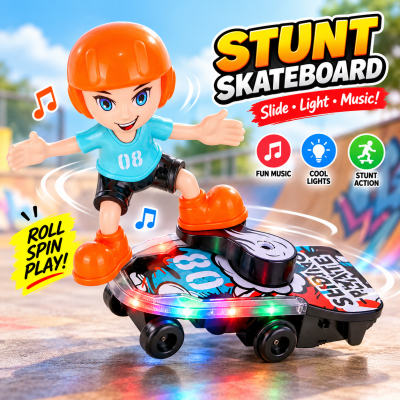 Sliding Plate Electronic Stunt Skateboard Boy Toy – Musical Action Figure with Dynamic Light Effects, 360° Stunt Movement, Battery Operated Safe Plastic Interactive Toy for Kids Age 3+
